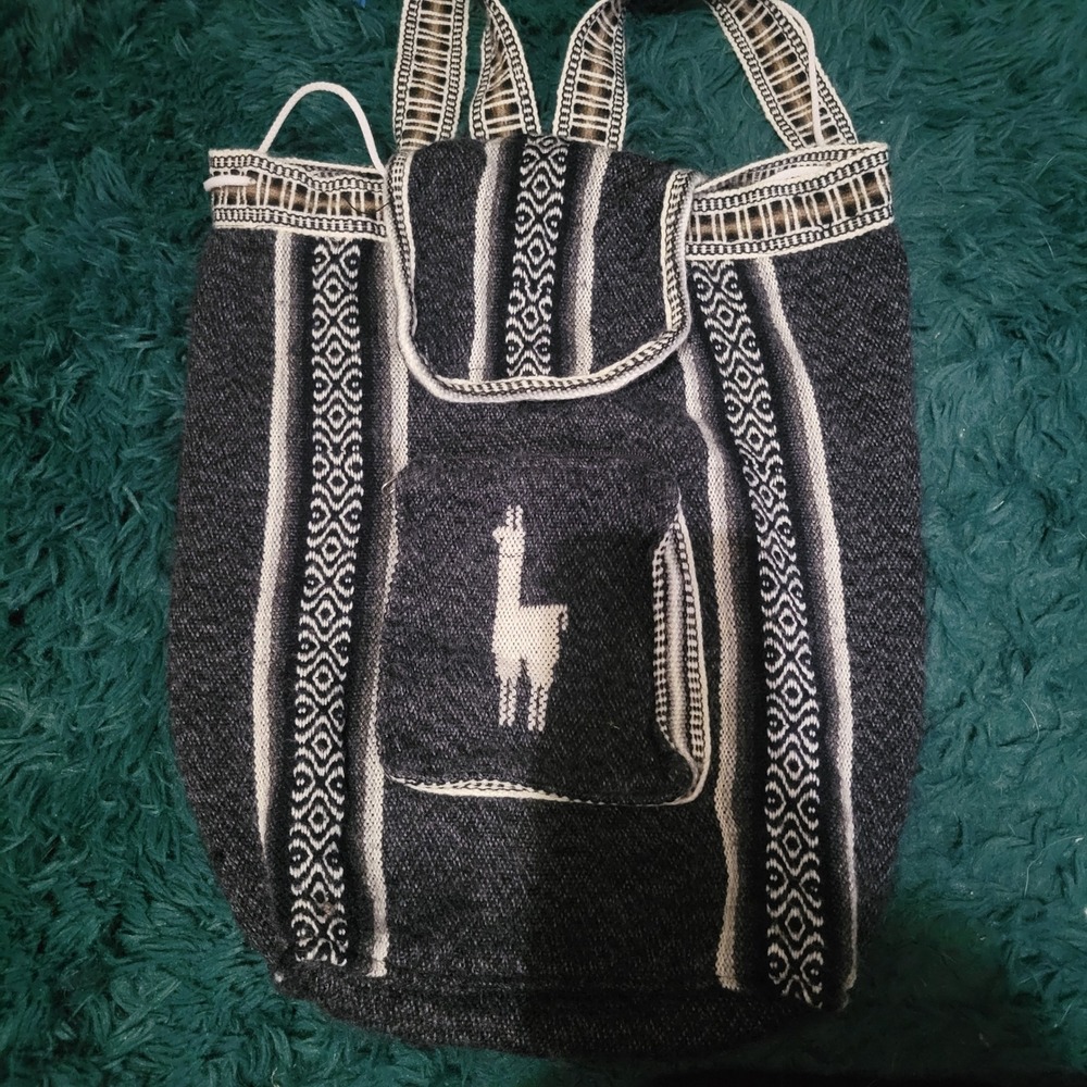 Woven Llama Backpack Boho Geometric Drawstring Black White‎ *missing button*